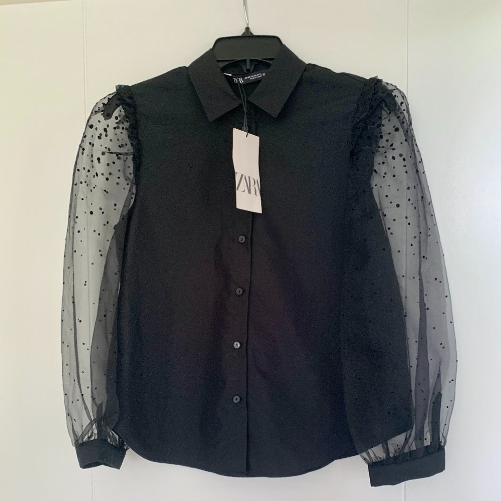 Zara Button-down Black Blouse w/ dotted illusion sleeves - Size XS